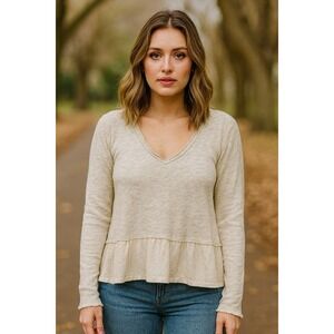 Free People We The Free Ivory V-Neck‎ Raw Hem Sweatshirt With Ruffle Size XS